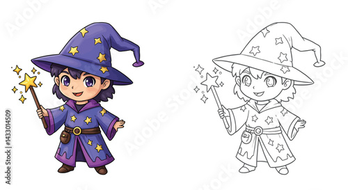 Mystical Wizard Illustration: A charming, whimsical illustration of a young wizard, radiating magic and wonder with a star-tipped wand and a majestic hat, ready to cast a spell.