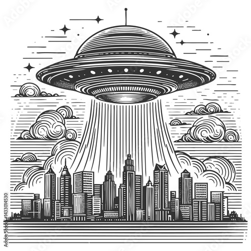 UFO hovering over a city, emitting bright beams of light in a dramatic scene sketch engraving generative ai vector illustration. Scratch board imitation. Black and white image.