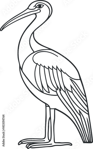 Black and white line drawing of a heron bird standing in profile with detailed feathers and long beak