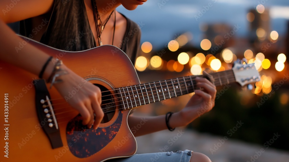 Fototapeta premium Young woman playing acoustic guitar outdoors at sunset