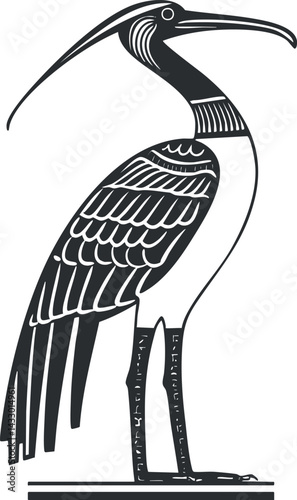Black and white stylized illustration of an ancient Egyptian ibis bird symbol with detailed feathers and long beak