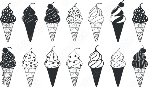 Black and white illustration of various ice cream cones with swirled and topped flavors including cherries and sprinkles