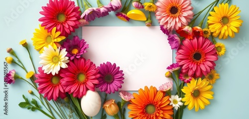 White paper mockup surrounded by vibrant spring flowers in a creative Easter flat lay arrangement,  lilies, flatlay