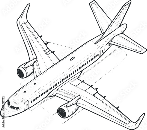Detailed black and white line drawing of a commercial airplane showing wings engines and tail from an above angle