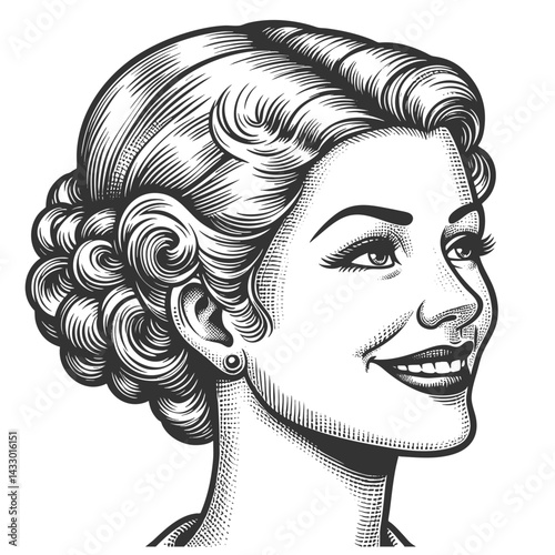 smiling woman with styled hair, capturing classic beauty and mid-century elegance sketch engraving generative ai fictional character vector illustration. Scratch board imitation. Black and white image
