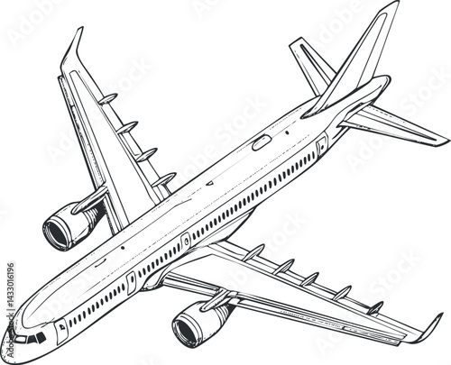Black and white line drawing of a commercial airplane flying with detailed wings and engines visible in flight