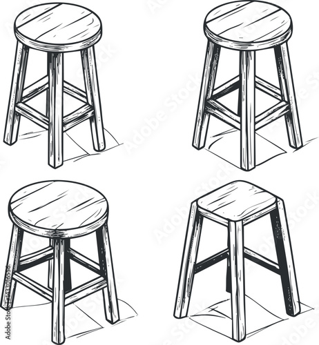 Hand drawn illustration of four wooden stools with round and square seats in black and white