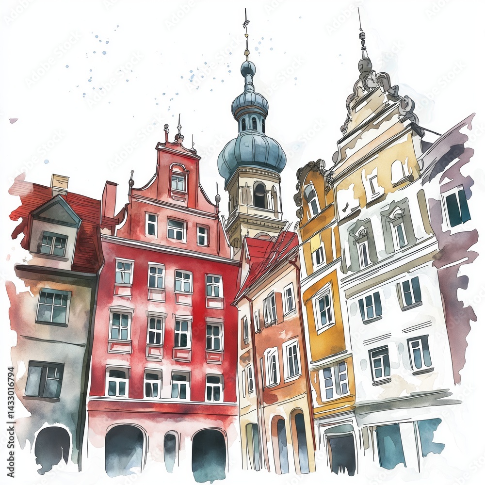 Obraz premium Riga Old Town. Riga Old Town hand drawn watercolor illustration