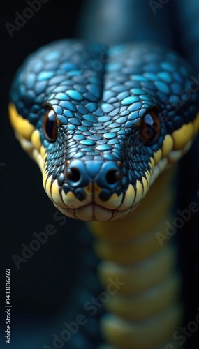 Snake's face with blue scales showing closely on the head , animal, viper, close-up