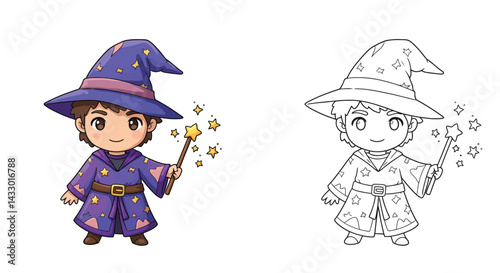 Magician in the magical world: A charming wizard, captured in an illustrated depiction, dressed in a robe and pointed hat.