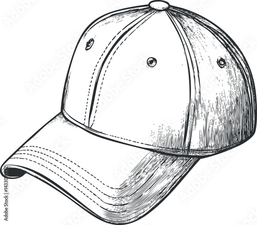 Black and white sketch of a baseball cap with detailed stitching and curved visor illustration