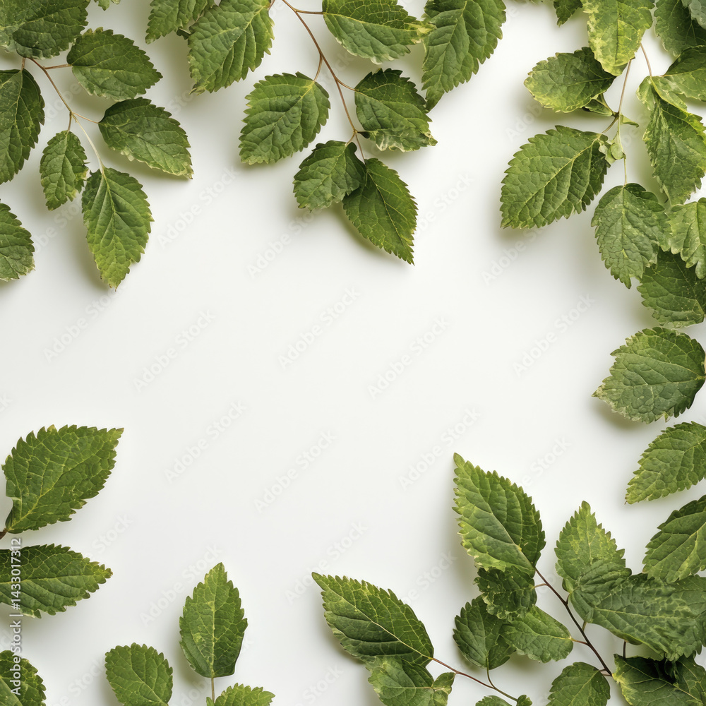 Fresh green leaves create vibrant and natural frame on light background, evoking sense of tranquility and connection to nature. arrangement highlights beauty of foliage