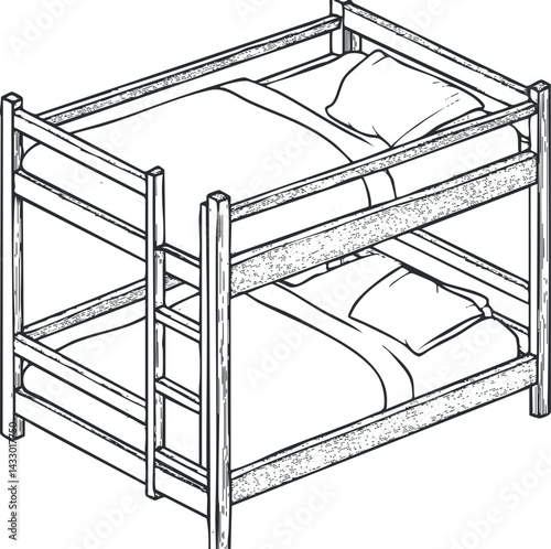 Black and white line drawing of a wooden bunk bed with pillows and blankets in a bedroom setting.