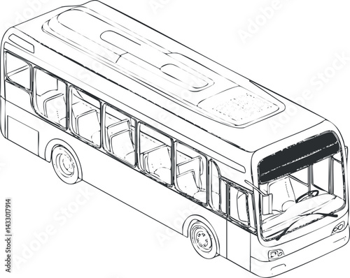 Black and white line drawing of a passenger bus viewed from an elevated angle showing seats and windows