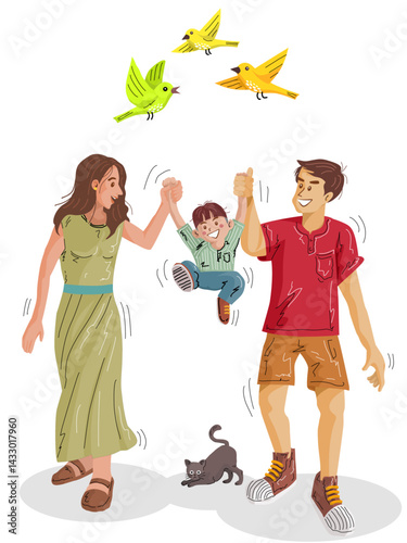 Cute young family with cat and flying bird. Hand drawn vector illustration.