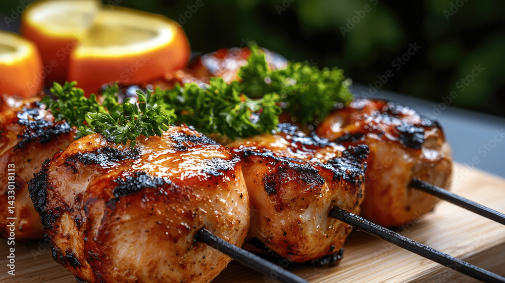 Grilled chicken shish kebabs are beautifully presented with fresh herbs and citrus slices, creating mouthwatering dish perfect for outdoor gatherings