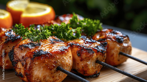 Obraz na płótnie Grilled chicken shish kebabs are beautifully presented with fresh herbs and citrus slices, creating mouthwatering dish perfect for outdoor gatherings w salonie