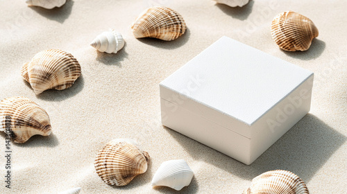 white square box surrounded by seashells on sandy beach, evoking serene and tranquil atmosphere. Perfect for packaging or gift presentation