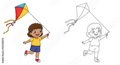 Kite in Flight: A young child, full of glee, joyfully flies a colorful kite against a vibrant backdrop. A moment of simple pleasure, a carefree scene of childhood.