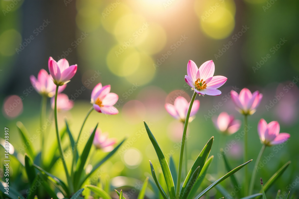 Fototapeta premium Pink Tulip Flowers Blooming Outdoors in Sunlight with Green Bokeh Background