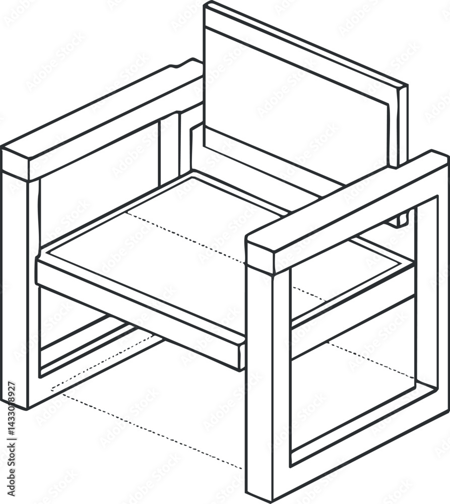 Black and white line drawing of a modern wooden armchair with a cushion and square frame design Black and white line drawing of a modern wooden armchair with a cushion and square frame design