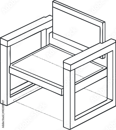 Black and white line drawing of a modern wooden armchair with a cushion and square frame design
