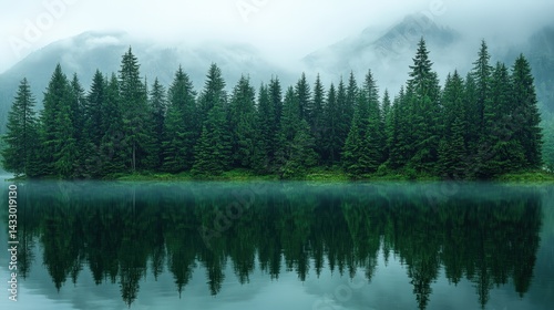 Misty mountain lake shore with a dense forest reflected in still water.
