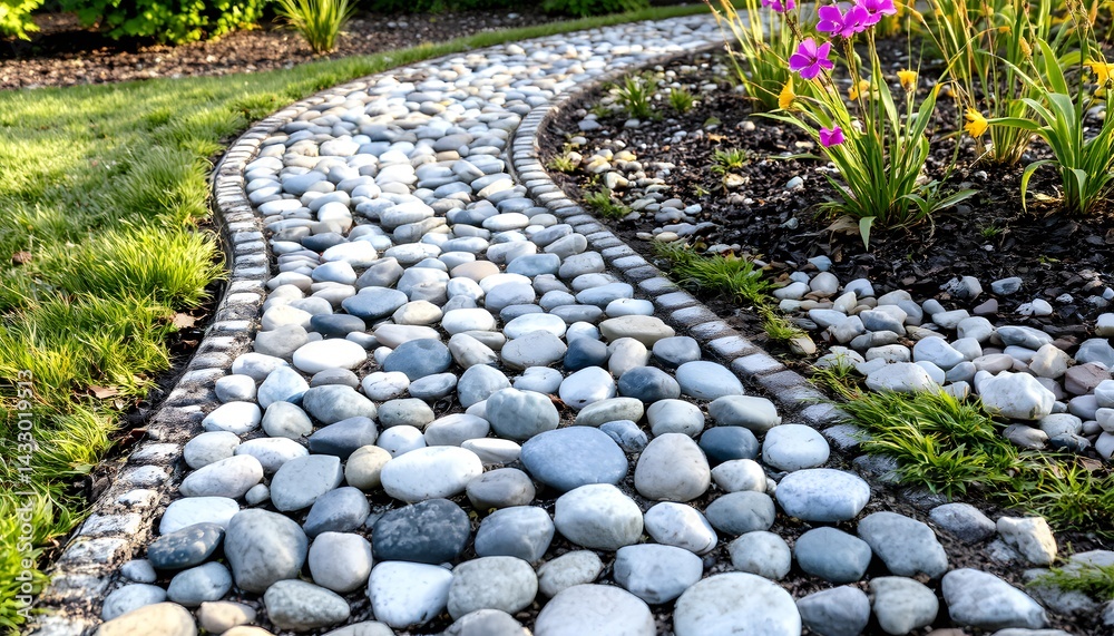 Beautiful garden pathway composed of rocks and vibrant flowers creating a mosaic Beautiful garden pathway composed of rocks and vibrant flowers creating a mosaic