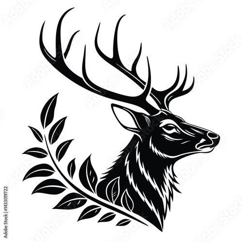 Elegant Deer Silhouette with Antlers and Foliage, Wild Animal, Black and White Art