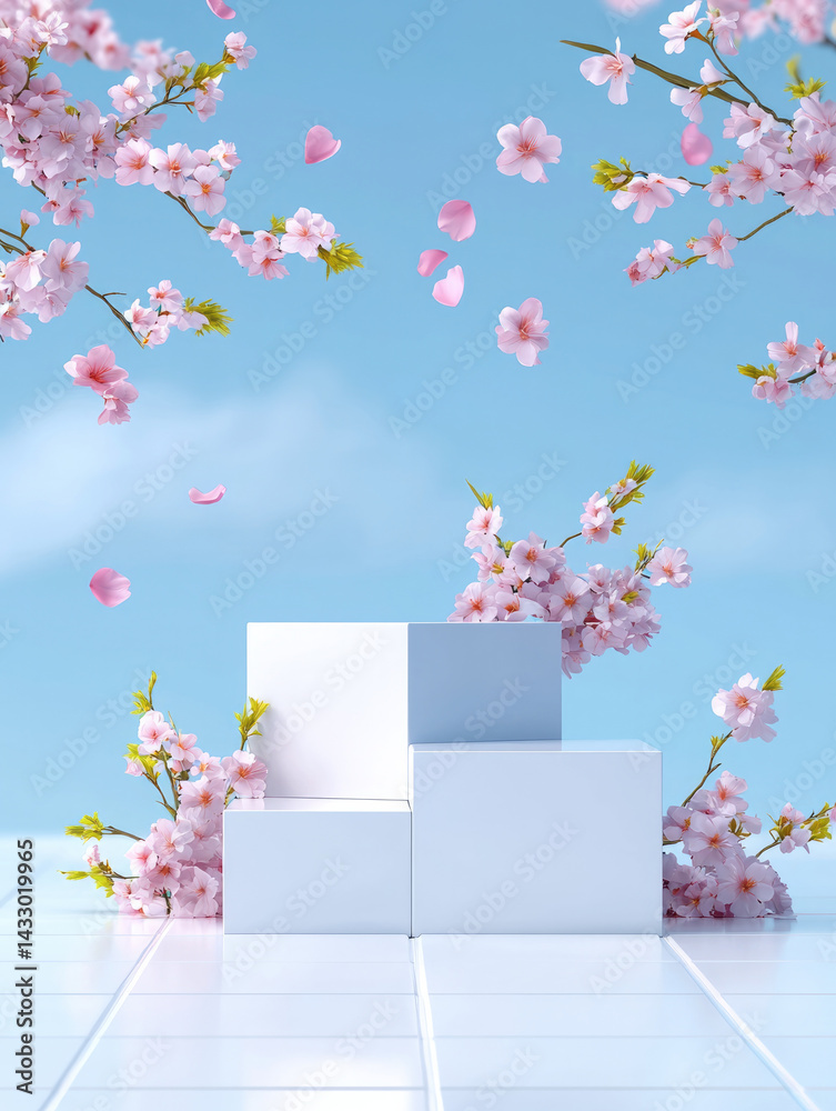 serene scene featuring three white platforms surrounded by delicate pink cherry blossom flowers, creating tranquil and inviting atmosphere. soft blue sky enhances beauty of blossoms, evoking sense