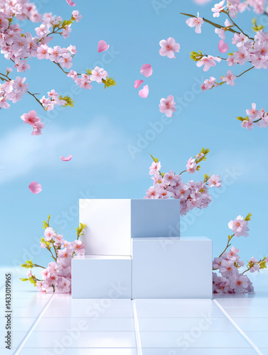 serene scene featuring three white platforms surrounded by delicate pink cherry blossom flowers, creating tranquil and inviting atmosphere. soft blue sky enhances beauty of blossoms, evoking sense