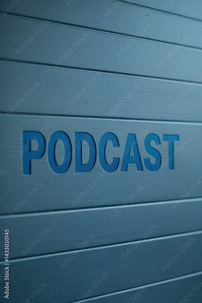Elegant Podcast Studio Wall with Deep Blue Text on Textured Paneling Evoking Creativity and Connection Elegant Podcast Studio Wall with Deep Blue Text on Textured Paneling Evoking Creativity and Connection
