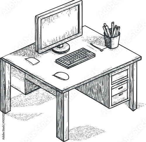Black and white sketch illustration of a wooden office desk with computer monitor keyboard mouse and stationery.