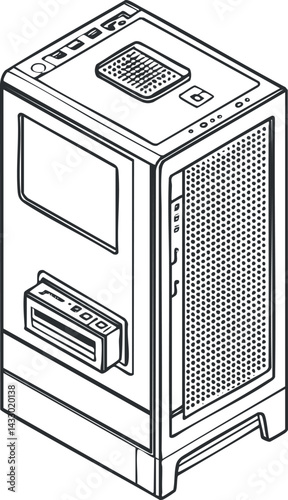 Black and white outline illustration of a computer desktop tower case with ventilation and ports