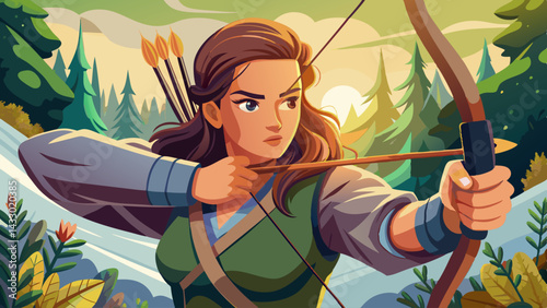 Young woman is practicing archery outdoors, aiming a bow with arrows in a quiver.
