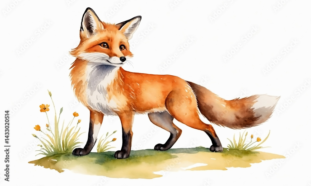 Fototapeta premium Watercolor painting of a red fox on a white background. Illustration of a wild forest animal for design: book, sticker, decoration, print or postcard, greeting card. Wildlife theme. 