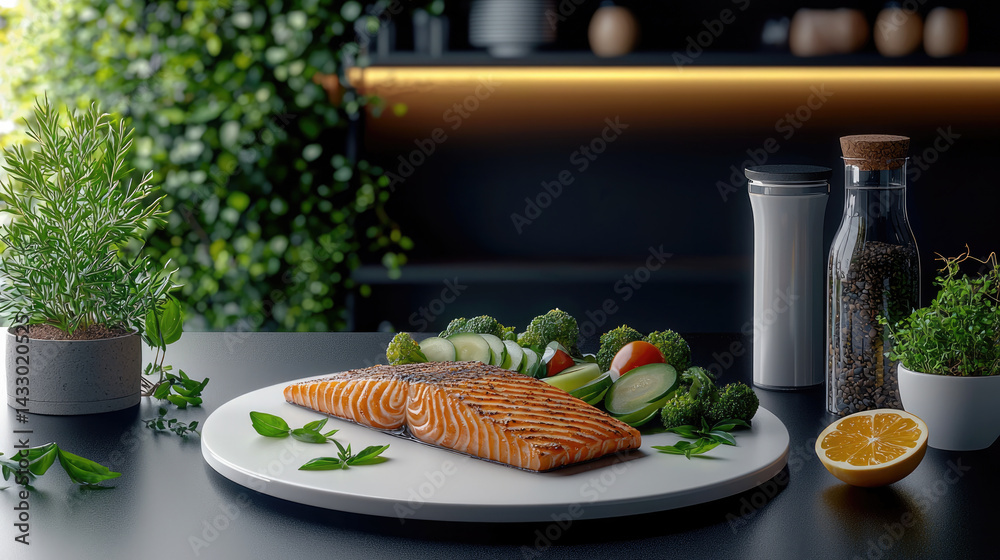 beautifully arranged grilled salmon fillet sits white plate, surrounded by fresh vegetables like broccoli, cucumbers, and cherry tomatoes, garnished with herbs. setting features modern kitchen