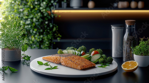 beautifully arranged grilled salmon fillet sits white plate, surrounded by fresh vegetables like broccoli, cucumbers, and cherry tomatoes, garnished with herbs. setting features modern kitchen