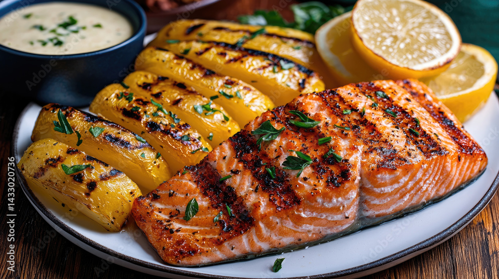 Grilled salmon fillet served with charred yellow squash and lemon slices, garnished with fresh herbs, creates vibrant and appetizing dish perfect for healthy meal