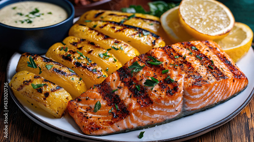 Obraz na płótnie Grilled salmon fillet served with charred yellow squash and lemon slices, garnished with fresh herbs, creates vibrant and appetizing dish perfect for healthy meal w salonie