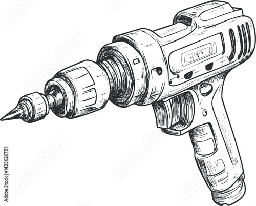 Black and white sketch illustration of a handheld electric drill tool used for construction and repair work