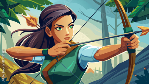 Young woman is practicing archery outdoors, aiming a bow with arrows in a quiver.