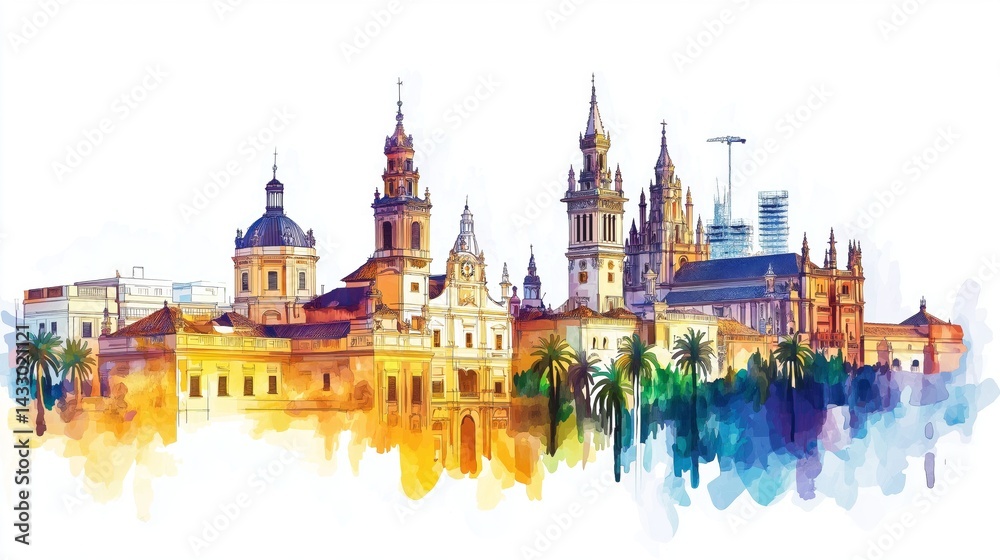 Obraz premium Seville Cathedral and La Giralda. Seville Cathedral and La Giralda hand drawn watercolor illustration