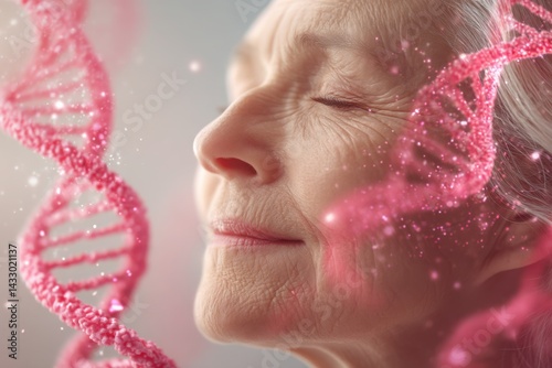 Senior Woman with DNA Helix: Genetic Research, Aging, and Health Concept in Soft Light