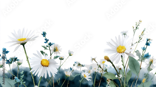 A serene watercolor illustration of daisies and blue flowers, set against a soft white backdrop, evoking a peaceful and natural atmosphere.