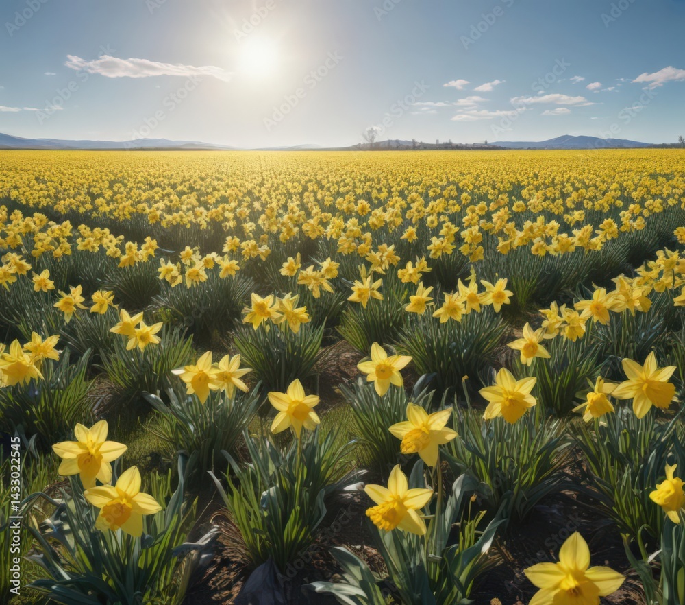 Fototapeta premium Vast field of daffodils bathed in sunlight, clear blue sky backdrop , blue, wildflowers