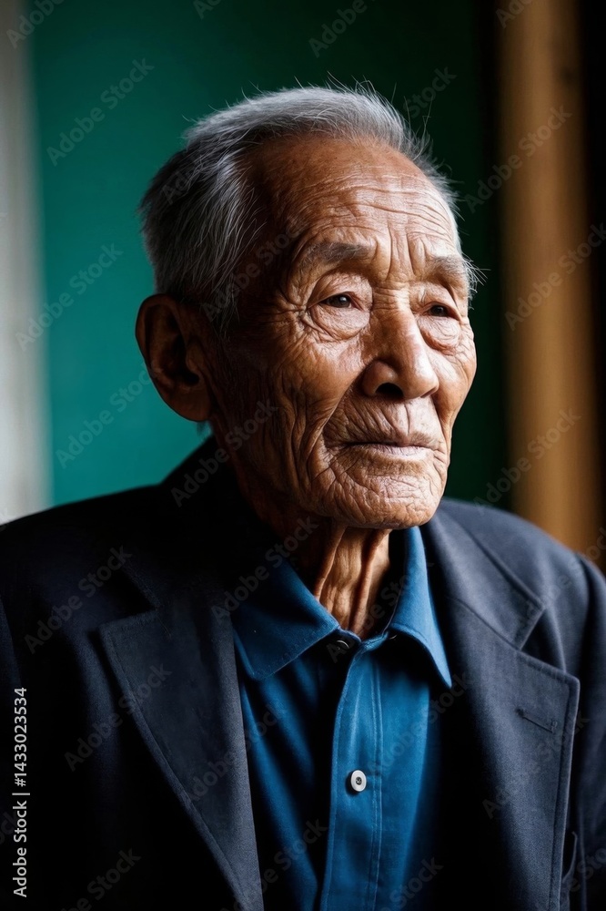 an old man with a blue shirt and a black jacket an old man with a blue shirt and a black jacket