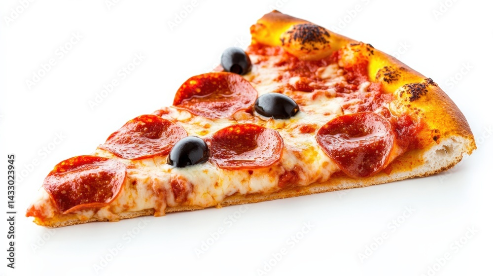 Pepperoni pizza slice with black olives Pepperoni pizza slice with black olives