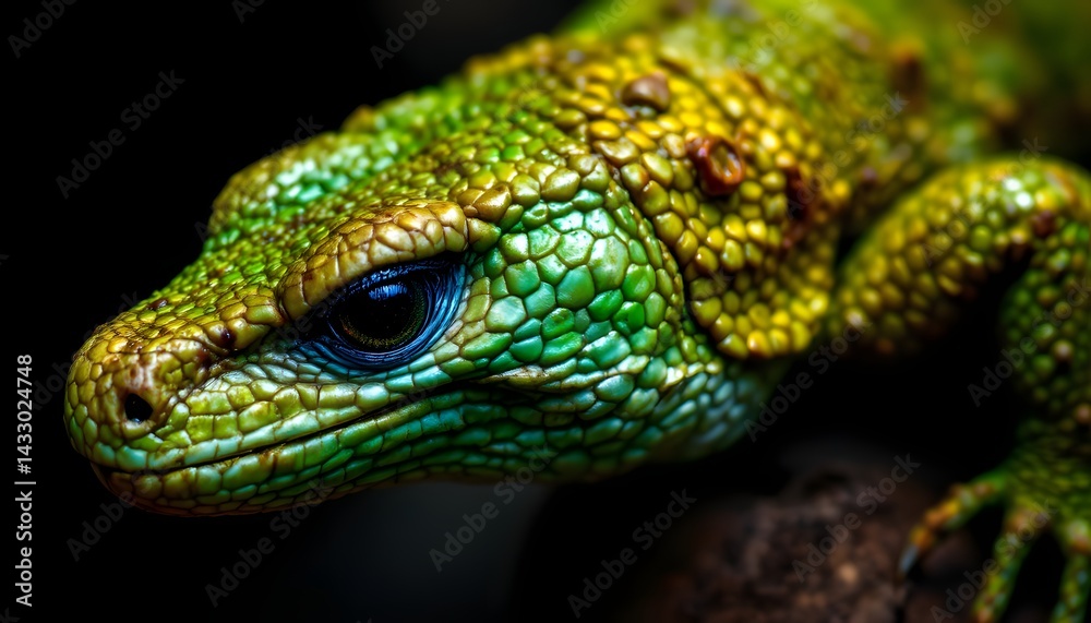 Fototapeta premium A close-up view of a green lizard displaying its unique scales and textured skin patterns