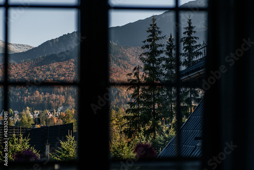 Fototapeta Naklejka Na Ścianę i Meble -  Horizontal window frame view to the chalet, forest and mountains at sunset. Autumn mountain landscape in Zakopane, Poland.